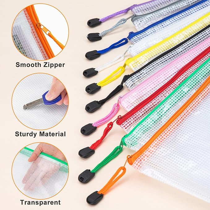 64Pack Mesh Zipper Pouch Bags, Waterproof A4 Letter Size Document Zipper Pouches for Storage, Teacher School, Toys, Puzzle, Office, 8 Colors