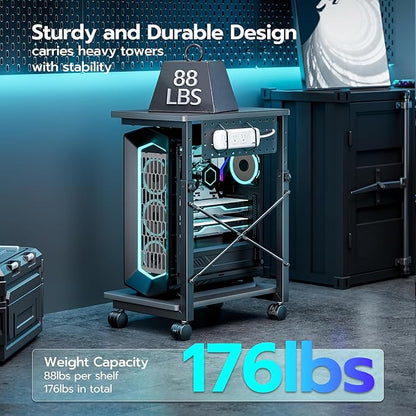 ARES WING Height Adjustable Computer Tower Stand, 2-Tier PC Tower Stand for Most PC, CPU Holder Cart with Locking Wheels for Gaming Home Office, 21.7"-33.5" Height