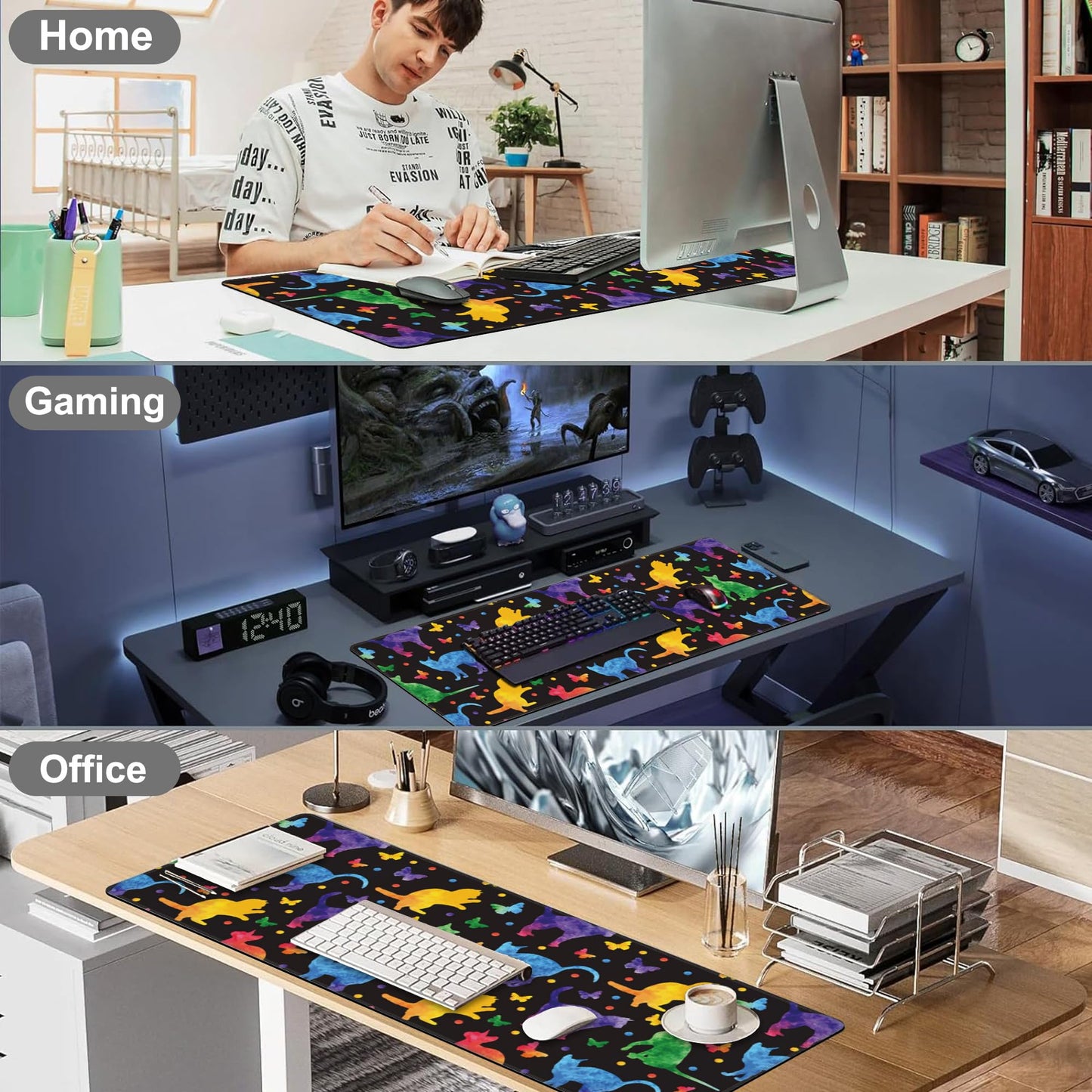 Colorful Cats and Butterflies Desk Mat,Large Watercolor Kittens Butterfly Gaming Keyboard Mouse Pad,Non-Slip Rubber Base Desk Pad Thick Stitched Edges Waterproof Mousepad Mouse Mat 31.5"x11.8"