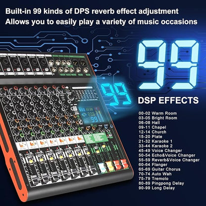 Depusheng TG8 professional dj audio mixer 8 channel input and dual group output with 99-bit dps reverb chip bluetooth usb recording and mp3 playback suitable for stage, bar, recording studio