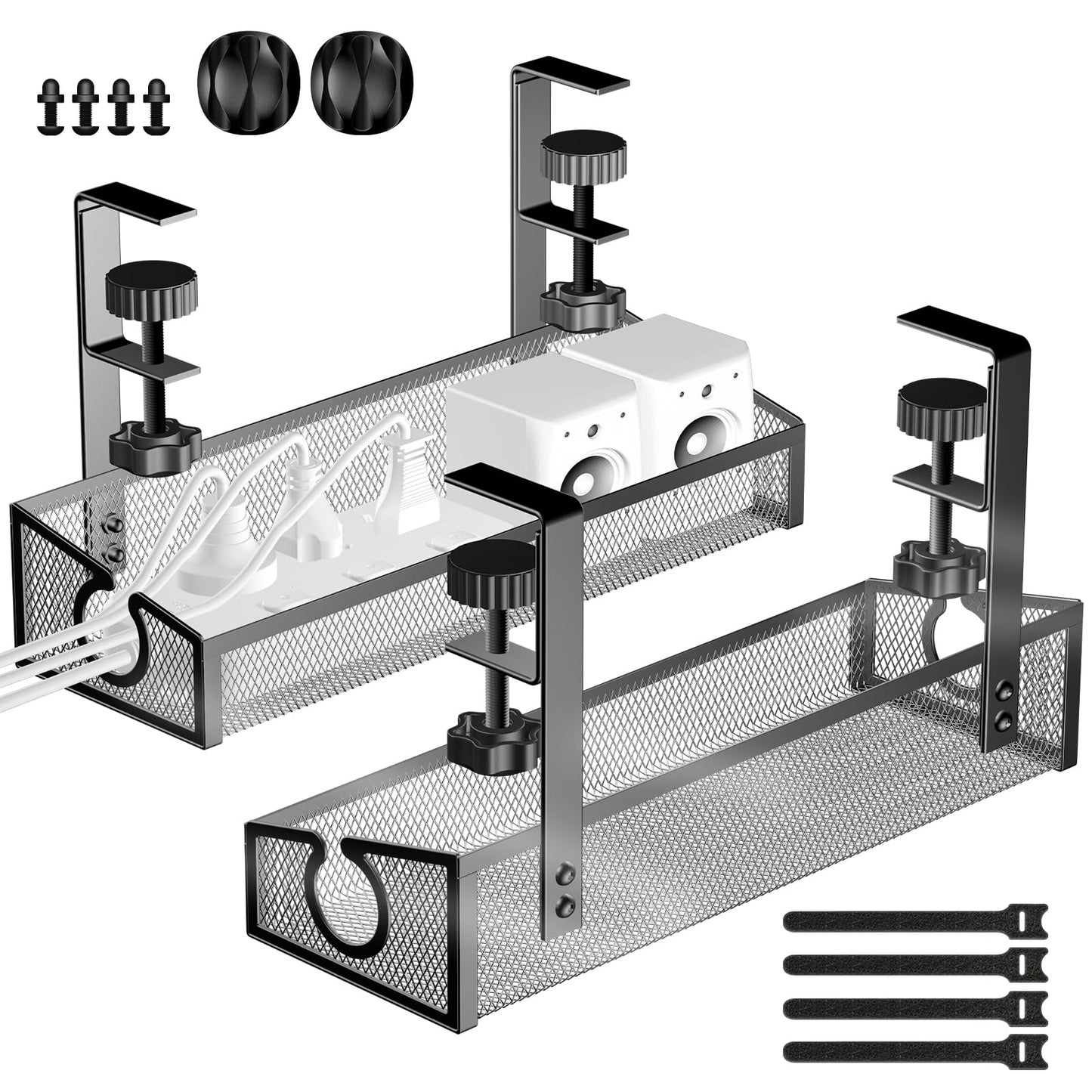 Under Desk Cable Management Tray Black, No Drill Desk Cable Management Organizer with Clamp for Desk Wire Management, PC Cord Organizer Accessories & Workspace Organizers for Office, Home(2 Pack)