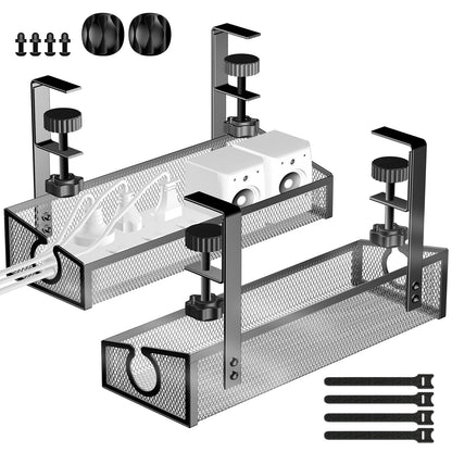 Under Desk Cable Management Tray Black, No Drill Desk Cable Management Organizer with Clamp for Desk Wire Management, PC Cord Organizer Accessories & Workspace Organizers for Office, Home(2 Pack)