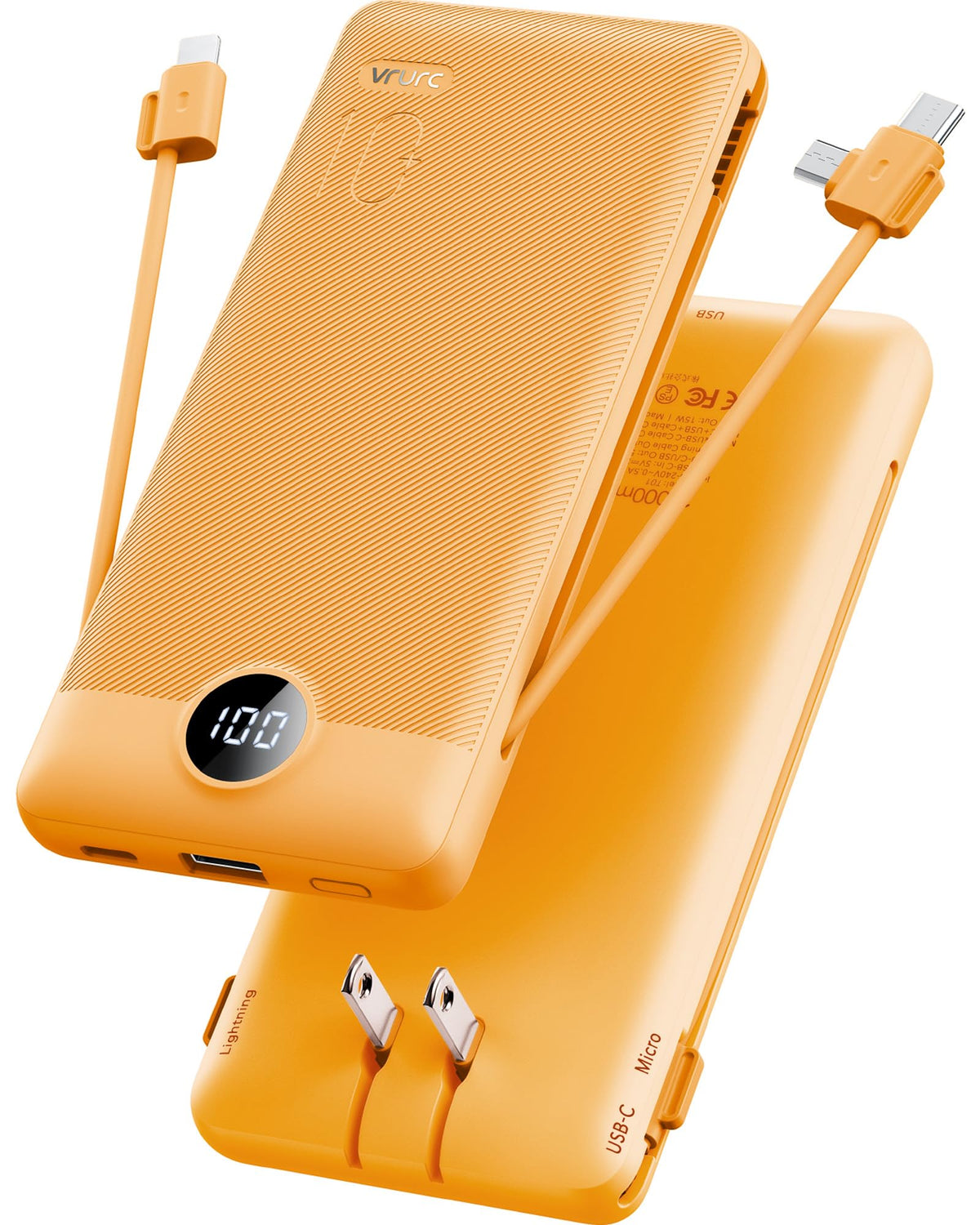 VRURC Portable Charger, Power Bank Built-in Cables and AC Wall Plug