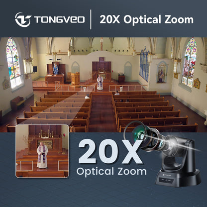 TONGVEO Conference Room PTZ Camera System with 20X Optical Zoom, AI Auto Tracking 1080P 60fps HDMI USB Webcam for Church Streaming Online Video Conference,Compatible with Zoom, OBS Easy Setup（1 pc