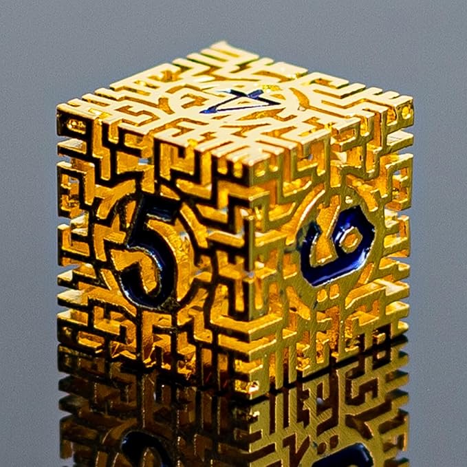 Golden Metal Hollow DND Dice Set (Paladin) Metallic Luster Maze Design with Storage Box - Balanced Weight 7 Piece Zinc Alloy, Designed for Dungeons and Dragons DM Player RPG Accessories