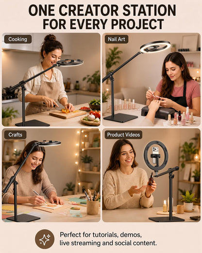 LUXSURE 10" Overhead Ring Light for Desk with Weighted Base, Freestanding Telescopic Phone Mount, Phone Stand with Light & Remote for Video Recording, Cooking, Crafts, Live Streaming