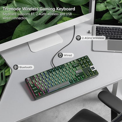 QK87 75% Keyboard with Multimedia Screen, QMK/VIA Wireless Gaming Keyboard, Creamy Mechanical Key Board,3-Mode RGB Custom Gasket Hot Swappable for Windows&Mac, POM Linear Switch-Gray Green