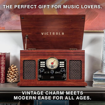 Victrola The Quincy 6-in-1 Bluetooth Record Player & Multimedia Center with Built-in Speakers – 3-Speed Turntable, CD & Cassette Player, AM/FM Radio, Wireless Music Streaming (Grey Wood)