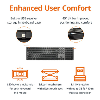 Amazon Basics Ultra Premium Wireless Keyboard and Mouse Combo, Rechargeable, Full-Size with Number Pad, Sleek Design, Plug and Play, Quiet Typing, 2.4GHz USB Receiver, Black