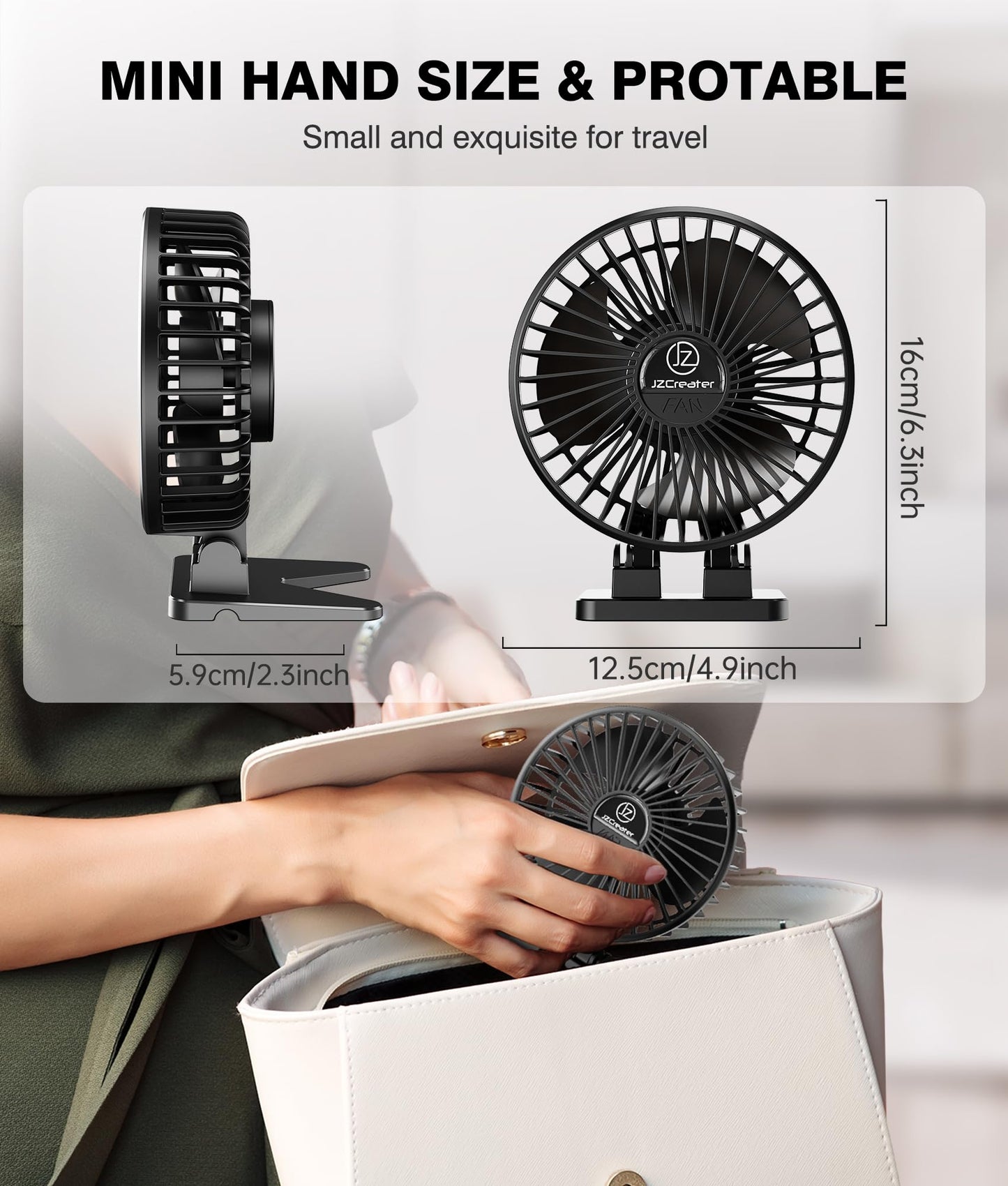 JZCreater USB Desk Fan, Mini Portable, 3 Speeds - Quiet Personal Cooling Fan for Home Desktop Office Travel Bedroom, Deep Black (2Pack)