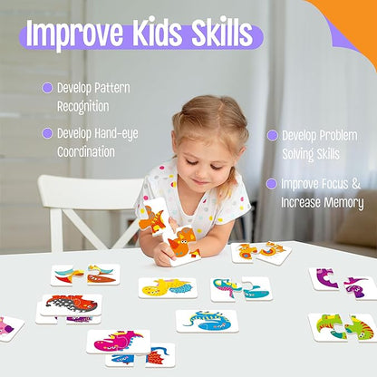 48 Dinosaurs Matching Puzzles with Error-Correction, Self-Correcting Puzzle Match Game Educational Matching Puzzles for Toddlers Kindergarten, Dinosaur-Themed Learning Games Toys for 3 Years Old