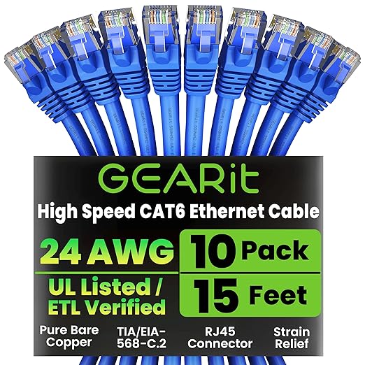GEARit Cat 6 Ethernet Patch Cable 15 ft Blue (10 Pack) - Cat6 Patch Cables 15ft Blue/Ethernet Patch Cable, 10Gbps 550MHz 24AWG Pure Copper, Snagless, Gold Plated RJ45 for Router, Server, Router, PC