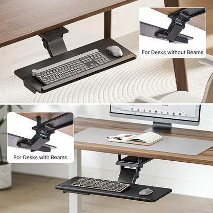 Keyboard Tray Under Desk with Storage Drawer, Height Adjustable Keyboard Tray Slide Out Swivel Tilt, Ergonomic Under Desk Mount Keyboard & Mouse Holder for Gaming Home Office, 25x11'', Black