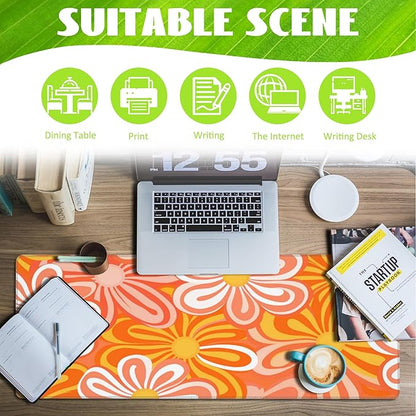 Desk Pad - Hippie Vintage Orange Flowers Desk Mat, Retro Floral Large Gaming Mouse Pad with Non-Slip Base and Stitched Edge, 31.5"x11.8"