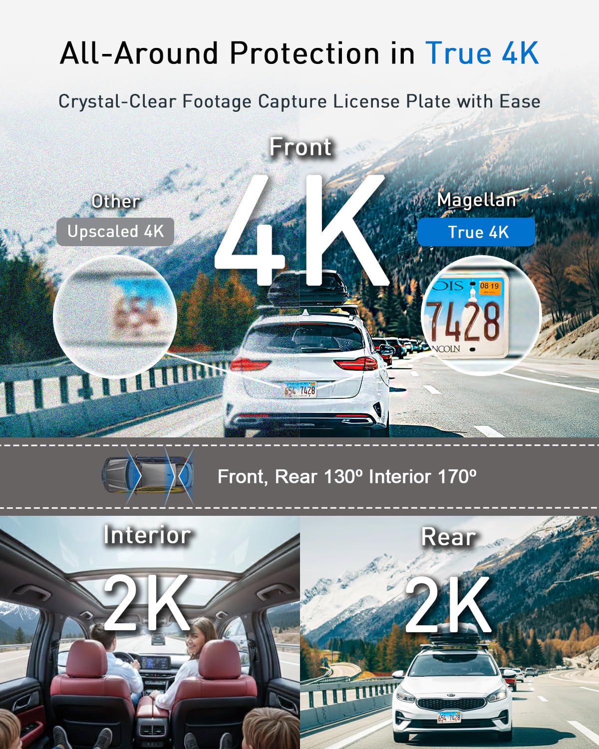 MAGELLAN DR50 3 Channel Dash Cam, 4K+2K Front Cabin Rear, Night Vision, Wide-Angle (170°), STARVIS 2 IMX678, Strong Mount, GPS, Wi-Fi App Control, 24H Parking Mode, Fatigue Alert, 64GB Card Included