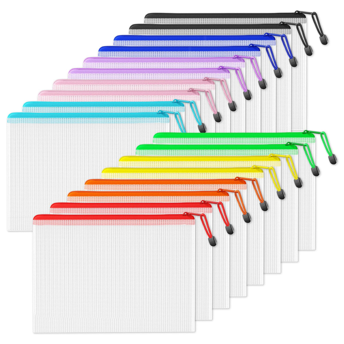 SUNEE Plastic Mesh Zipper Pouch 6.8x9.2 in (9 Colors, 18 Packs),Extra Large Water-Resistant Zip Bag for School Office Supplies, Puzzles & Games Organizing Storage