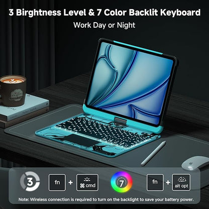 iPad Keyboard Case for iPad 10th Gen (2022) & 11th (A16, 2025), Magic Wireless Keyboard with Trackpad 7 Color Backlit, 360° Rotating Stand Transparent Protective Cover with Pencil Holder (Cyan)