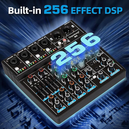 Depusheng M6 Portable Mini Mixer 6-Channel Audio Mixer DJ Console with Sound Card, Bluetooth Function, USB, 48V Phantom Power for PC Recording Webcast Party with 256 DSP