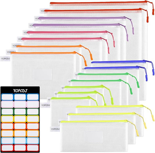 YOPCDJ 18 Pack 8 Size Mesh Zipper Pouch Bags, Waterproof Zipper Bags with Label Pocket,File Bags for Classroom Organization,Zipper Pouches of Office Supplies,Puzzles, Board Game Storage