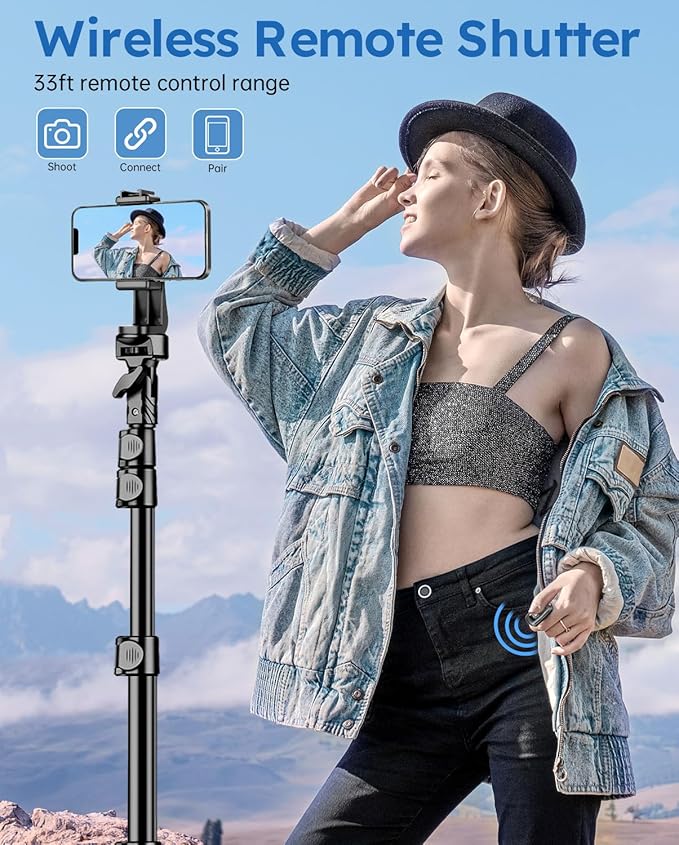Phone Tripod, 72" Camera Stand Tripod with Remote and Phone Holder, Stable & Adjustable Tall, Suit for iPhone/Digital Camera