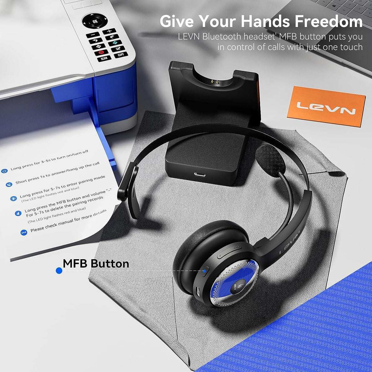 LEVN Bluetooth 5.0 Headset, Wireless Headset with Microphone (AI Noise Cancelling), 35Hrs Bluetooth Headphones with USB Dongle for PC, Suitable for Remote Work/Call Center/Zoom/Online Class, Black