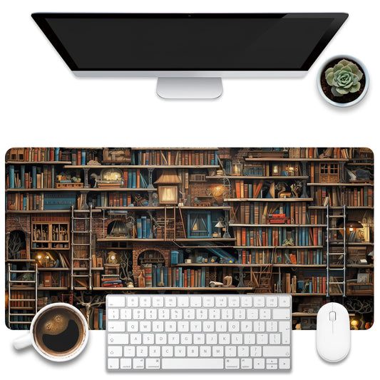 KOAIWPAE Desk Pad, Fantasy Shelves Desk Mat, Shelves Full of Books Large Gaming Mouse Pad for Desk, 31.5"x15.7" Extended Big Computer Keyboard Mouse Pad with Non-Slip Base and Stitched Edge