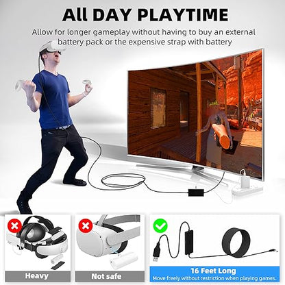 Kuject Design 16FT Link Cable for Quest 3S/3, Quest 2, Quest Pro, with Separate Charging Port for Uninterrupted Power, USB 3.0 Type A to C Cable for VR Headset Accessories and Gaming PC