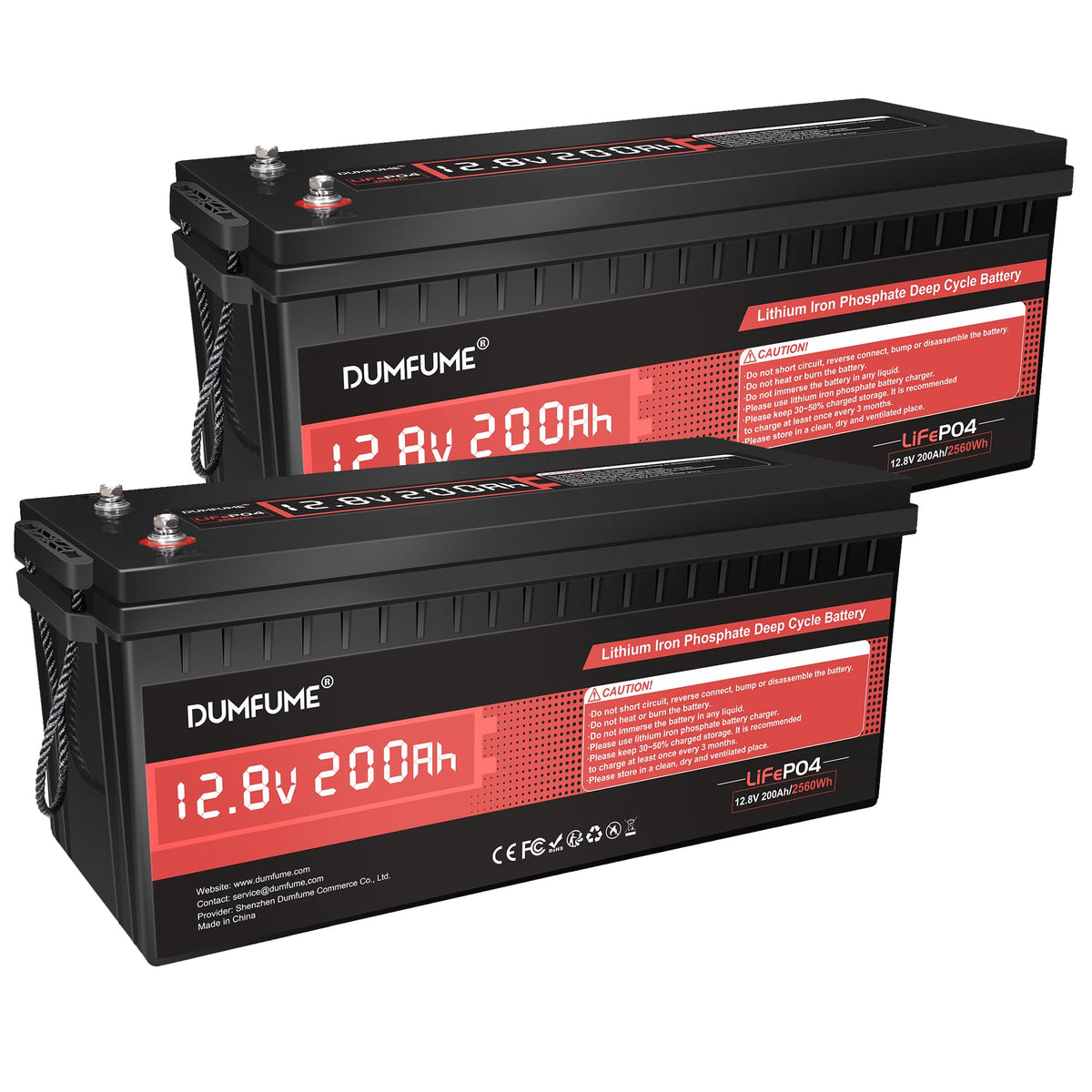 2 pack Dumfume 12V 200Ah LiFePO4 Lithium Battery,2560Wh Energy,1280W Load,200A BMS & 95% Discharge Efficiency,15000+ Cycles for Solar RV Off-Grid Camping Home Backup