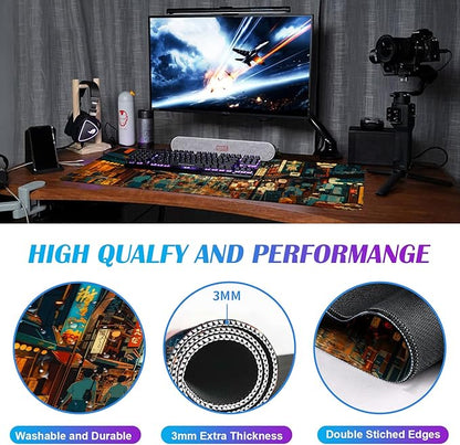 Cute Japanese Street Desk Mat, Anime Tokyo Street Night Scene Large Mouse Mat XXL, Computer Desk Mat 35.4 x 15.7 x 0.12 Inches