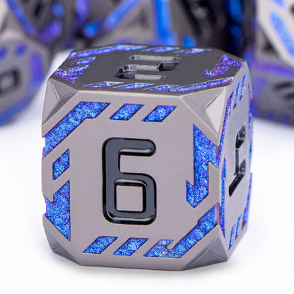 OGCOPHEN Metal DND Sci-fi Dice Set 7PCS Stripe Polyhedral Dice for Dungeons Dragons RPG Role Playing Game, Glitter D and D Dice with Gift Box D6 D8 D10 D12 D20 (Black&Blue Purple)