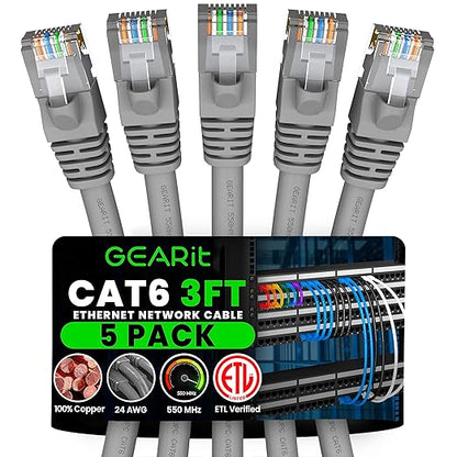 GEARit Cat 6 Ethernet Cable (5-Pack 3 Feet) Cat6 Network Patch, 10Gbps, RJ45, Snagless Cord, Gold-Plated Connectors, Internet for PC, TV, Tablet, Router, Printer, Servers, IT Data Center - Gray
