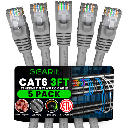 GEARit Cat6 Patch Cables Cat 6 Ethernet Cable 3 ft 5-Pack Black