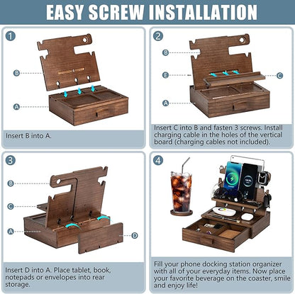 Wood Phone Docking Station for up to 3 Phones - Nightstand Organizer with Drawer for Valuables for Men & Women, Compatible with Apple Watch, Holds Phones, Tablets, Keys, Rings, Glasses, Watches & EDC