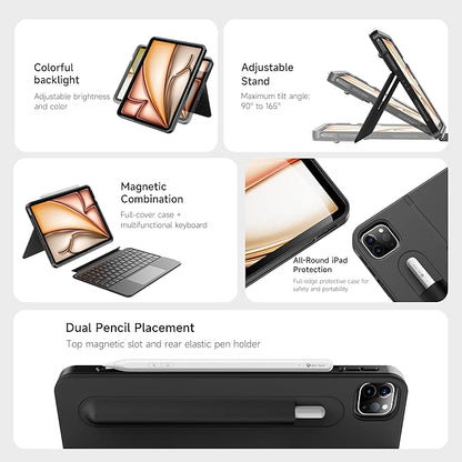 HOU iPad Air 11 Case with Keyboard (M3 2025, M2 2024) Detachable Rotatable Magnetic Full Protection Case, 7-Color Backlight, Touchpad, Elastic Pen Holder for iPad Pro 11 (4th-1st) & Air (5/4th)–Black