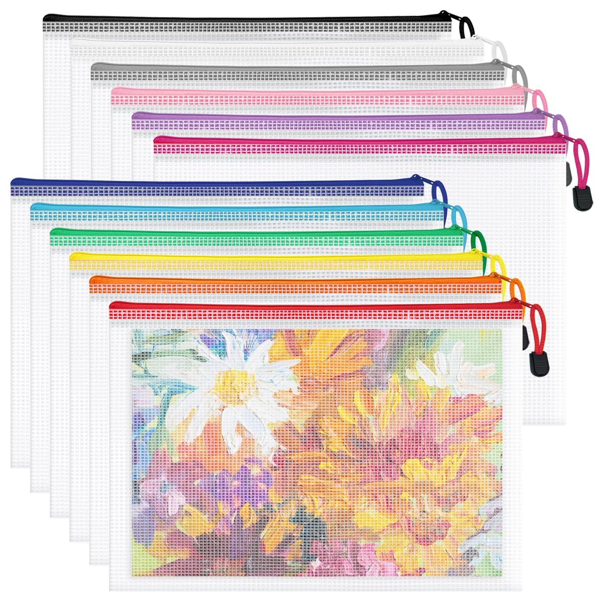 Aubeco 24Pcs A3 Mesh Zipper Pouch File Bags, 16.7x12.7 Inch, 8 Colors