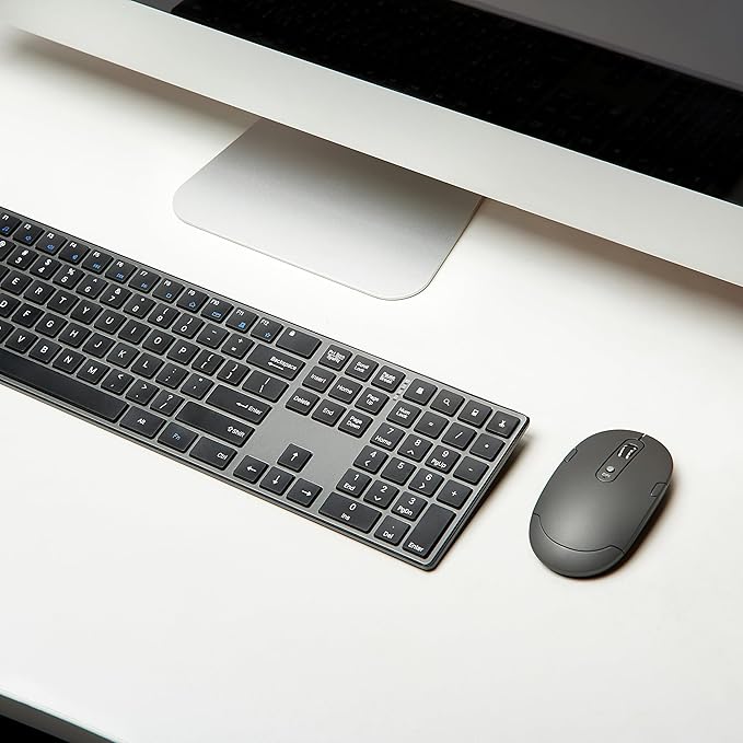 Amazon Basics Ultra Premium Wireless Keyboard and Mouse Combo - Rechargeable, Ultra Slim Design, Quiet, Full Size, Number Pad, Unifying Receiver, Black