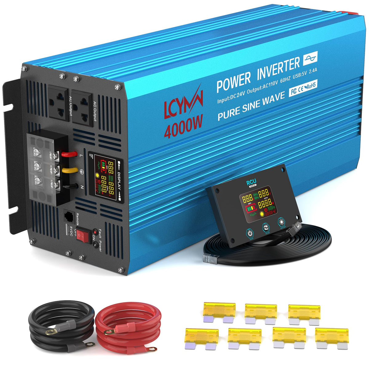 4000 Watt Pure Sine Wave Power Inverter DC 24V to 110/120V AC with 2 AC Charger Outlets and Wiring Terminal 8000W Peak Car Solar Converter for Vehicles Home with LCD Display and 2.4A USB Charging Port