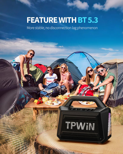 TPWIN Bluetooth Speaker - 80W Loud Rugged Outdoor Speakers, IPX6 Waterproof, 20H Playtime, Deep Bass, Lightshow, TWS, BT 5.3 Wireless, Portable for Travel Hiking Camping Beach Pool - Black