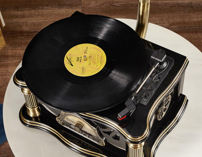 Vintage Gramophone Record Player, Bluetooth Turntable for 7/9/12 Inch Vinyl, 3 Speed Hi-Fi Sound, Handcrafted Pure Oak Retro Gramophone (Black)