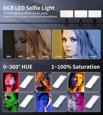 Selfie Light, 96 LED Phone Light with Metal Hotshoe & Clip, 1500mAh Rechargeable 360° Full Color 21 Scenes RGB Video Light for Phones, iPhone, Laptops, Cameras, Selfie, Video Conference, TikTok