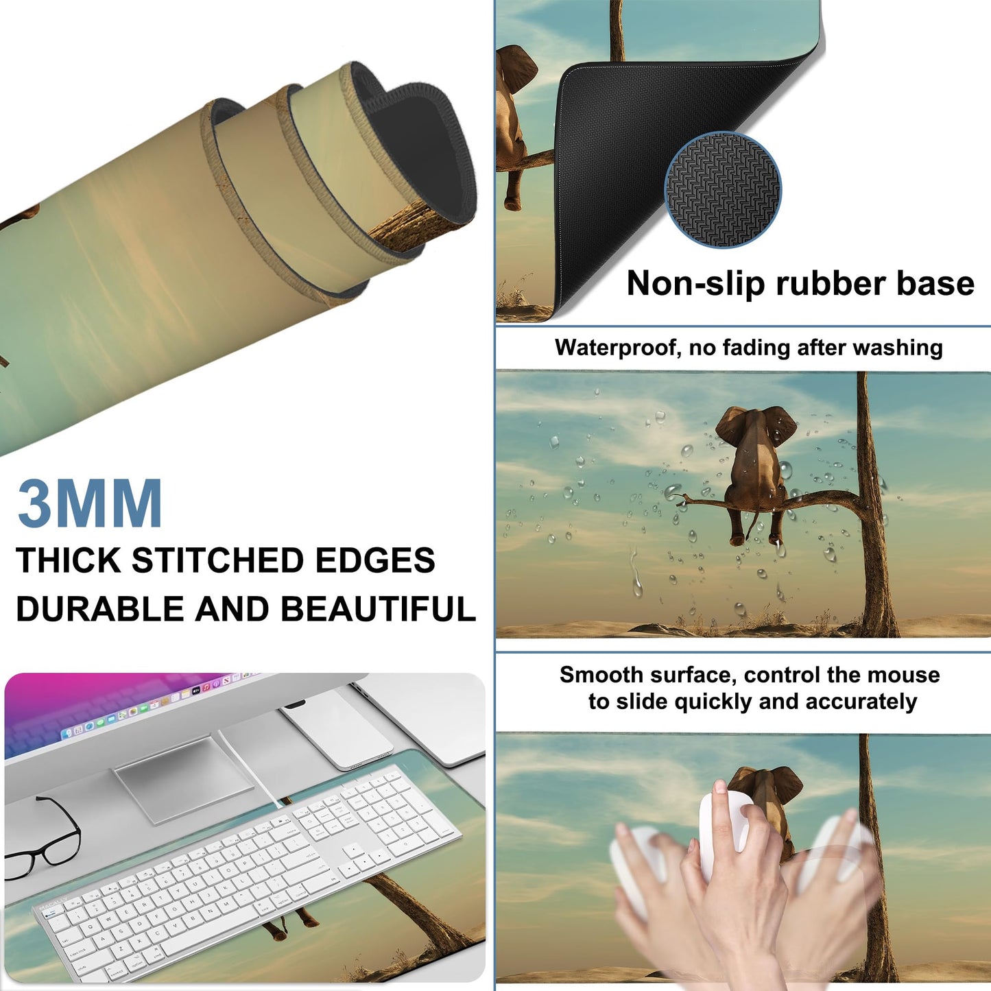 NITAHHHY A Elephant Gaming Mouse Pad 3mm Thick Stitched Edge Waterproof Non-Slip Large Computer Keyboard Mouse Mat,Suitable for Office Entertainment Decorative Desk Pad 35.4 x 15.7 Inches