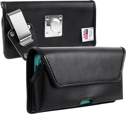 Turtleback Belt Clip for iPhone 16 Pro, 16e, 15 pro 14 Pro 13 Pro -Medium- Fits w/Shockproof Commuter Style Cases, Premium Black Leather, Horizontal Belt Holder, Magnetic Closure HD Rotating Clip