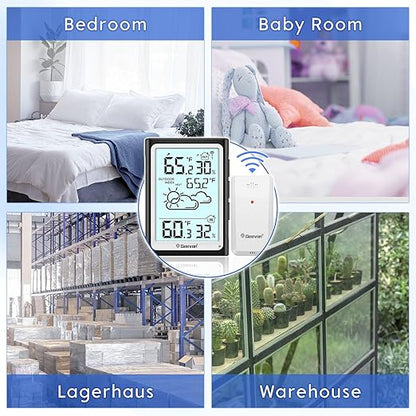 Geevon Large Display Digital Thermometer Hygrometer, Accurate Indoor Outdoor Temperature Humidity Monitoring, Wireless Weather Station with 200ft/60m Range Remote Sensor, Black