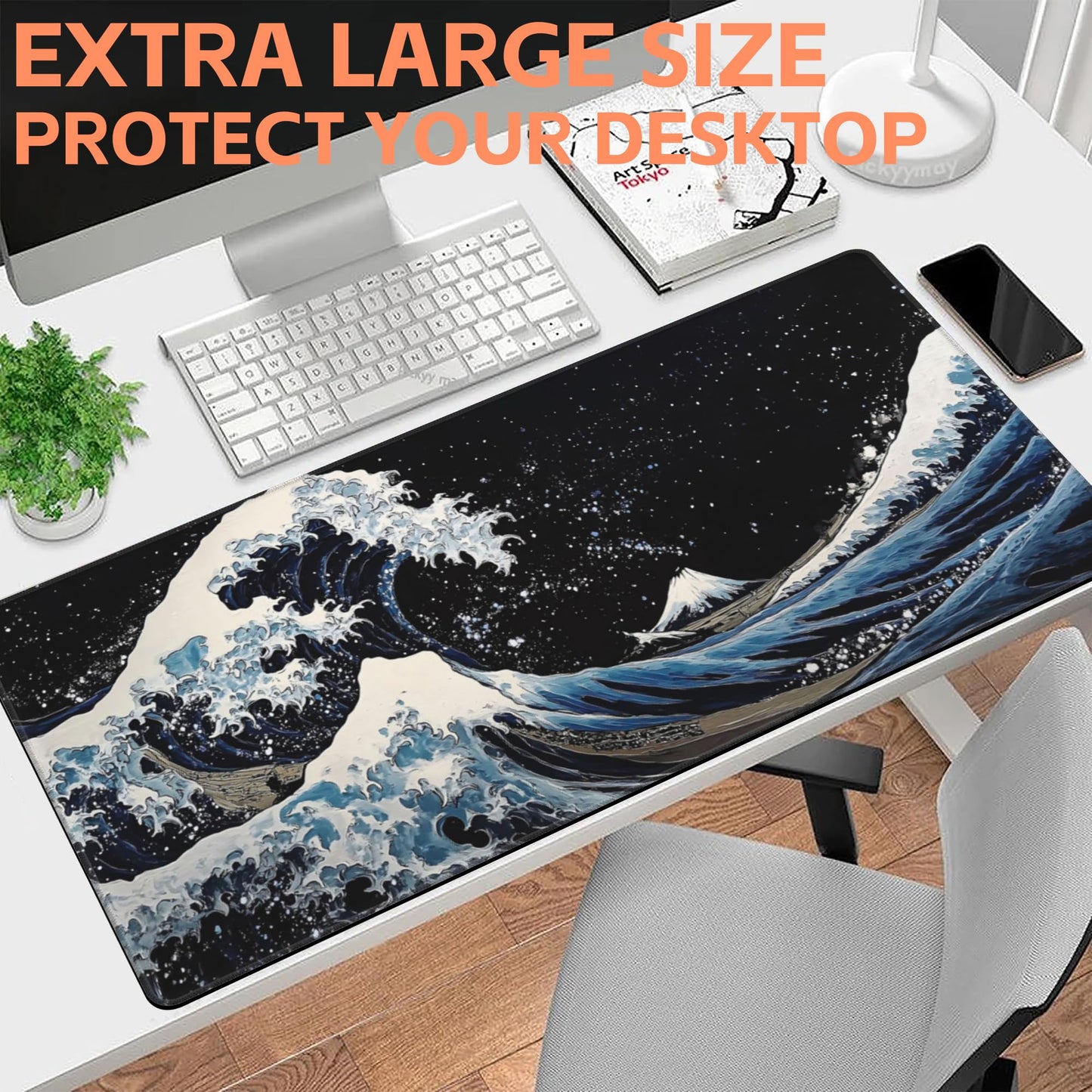 NIYLYNSYN Mouse Pad Large Wave in The Night Sky Non-Slip Game Desk Mat with Stitched Edge Laptop Keyboard Desk Pad for Work Home Gaming (35.4 x 15.7 Inches)