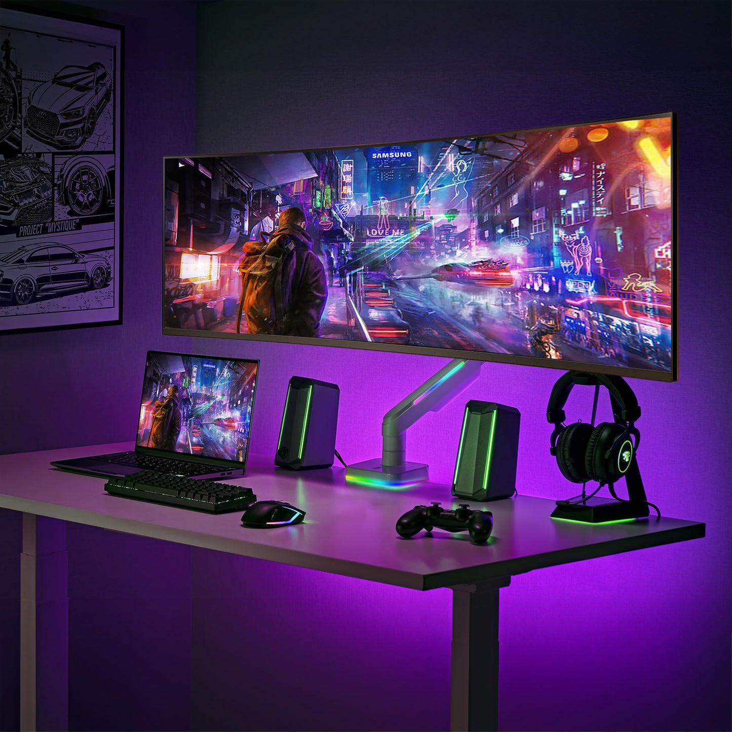 AVLT RGB Gaming Single Monitor Arm Desk Mount for 17-49" Screens - White