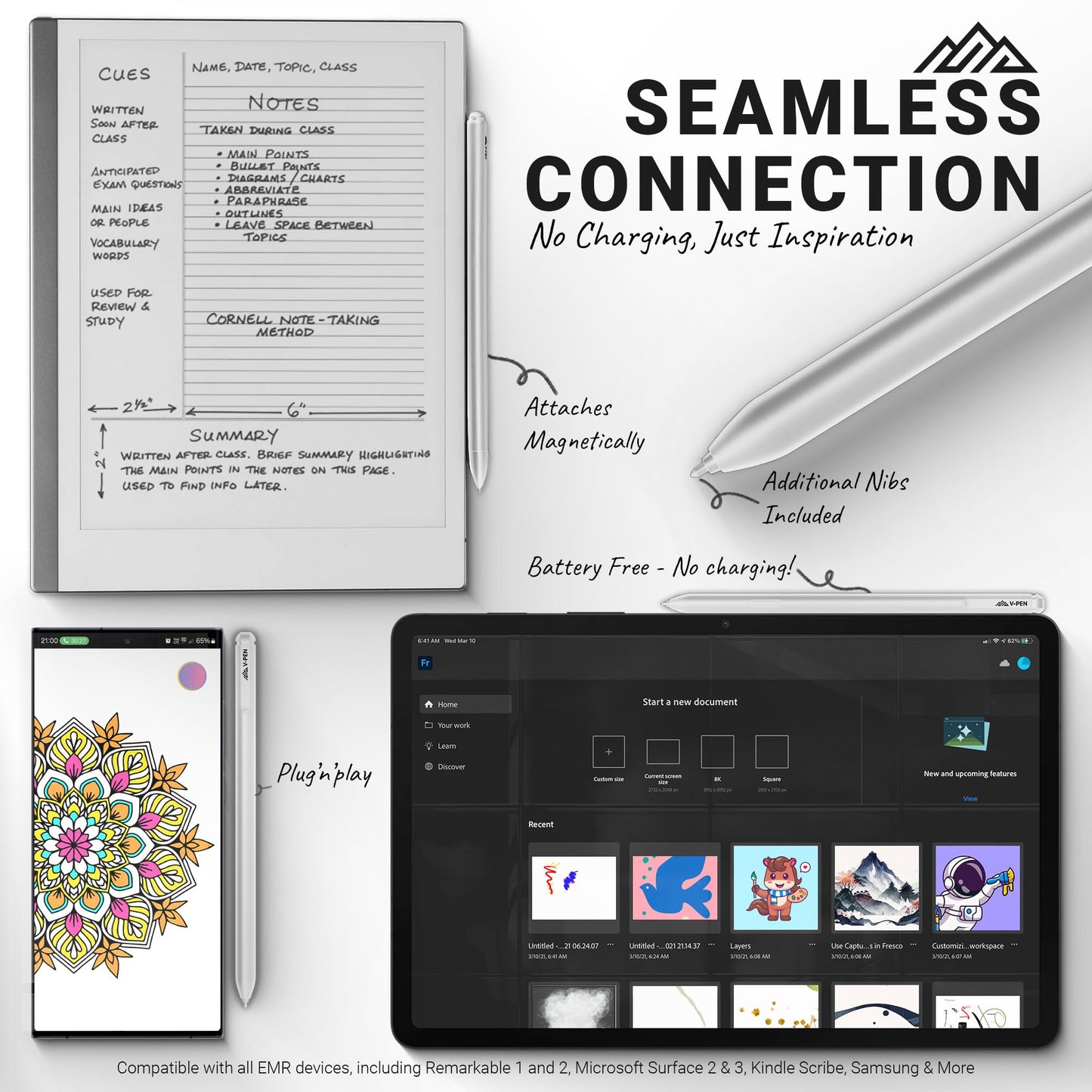 V-Pen EMR Stylus Remarkable 2 Pen Replacement with Digital Eraser + 5 Tips | 4096 Pressure Level Sensitivity & Palm Rejection | Digital Pen Marker Plus Compatible Kindle Scribe & Tablet Pen | White