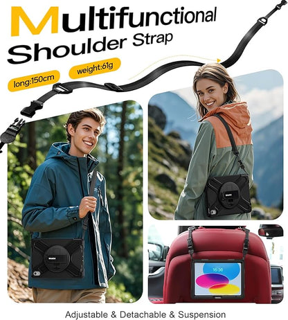BRAECN for iPad (A16) 11th/10th Generation case 11/10.9 inch 2025/2022 Heavy Duty Shockproof Protective with Pencil Holder Screen Protector 360°Rotating Stand Handle & Shoulder Strap Full Body Cover
