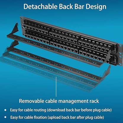 Rapink 48 Port Cat6 Patch Panel with Inline Keystone 10G Support, Pass-Thru Coupler UTP 19-Inch, Removable Back Bar, 1U Network for Cat6, Cat5e, Cat5 Cabling