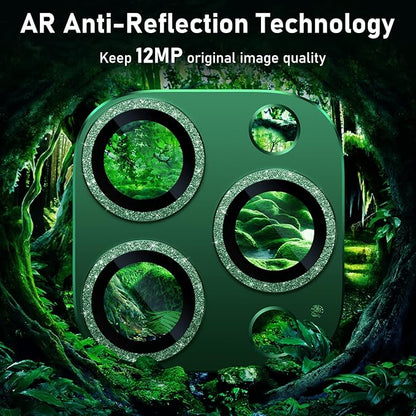 UniqueMe for iPhone 13 Pro/iPhone 13 Pro Max Camera Lens Protector, [Strong Drop Protection] [Not Easy to Fall-off] Metal Ring Tempered Glass Rear Camera Screen Cover - Alpine Green (Bling Circle)
