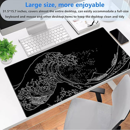 Japanese Great Wave Off Kanagawa Gaming Mouse Pad - XL Extended Ukiyo-e Art Desk Mat, Non-Slip Waterproof Rubber Base & Stitched Edges, 31.5 x 15.7 Inch Large Computer Mousepad